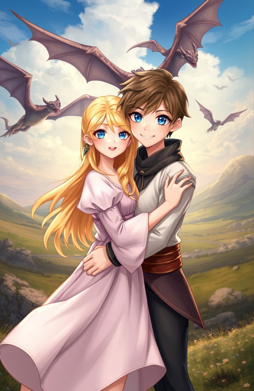 A beautiful scene depicting a blonde-haired girl with blue eyes, passionately in love, standing next to a pale-skinned boy with dark hair and striking blue eyes