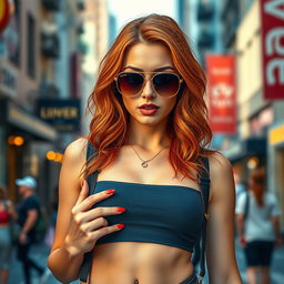 A tall, confident redhead woman posing in a vibrant urban setting