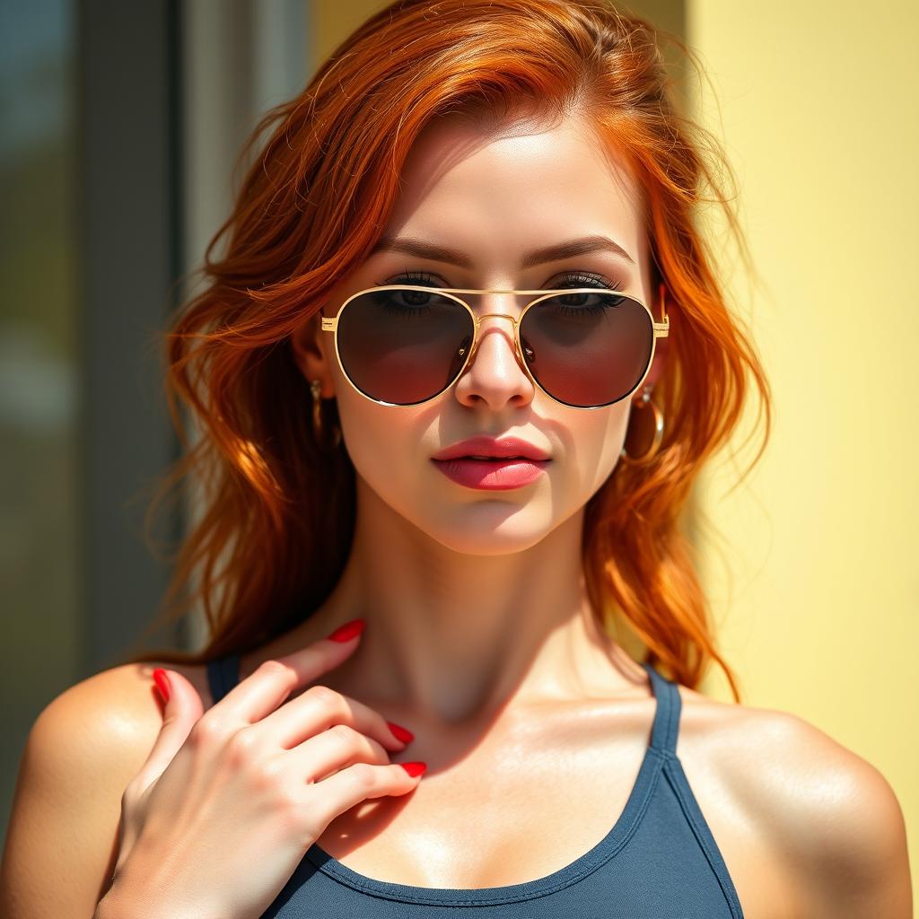 A tall redhead woman standing confidently at 180cm, showcasing her tanned skin and vibrant red nails