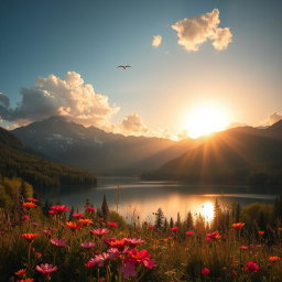 A breathtaking natural landscape featuring a serene lake surrounded by majestic mountains