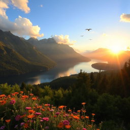 A breathtaking natural landscape featuring a serene lake surrounded by majestic mountains