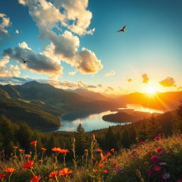 A breathtaking natural landscape featuring a serene lake surrounded by majestic mountains