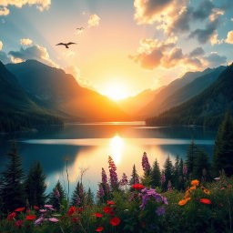 A breathtaking natural landscape featuring a serene lake surrounded by majestic mountains