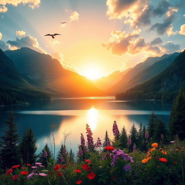 A breathtaking natural landscape featuring a serene lake surrounded by majestic mountains