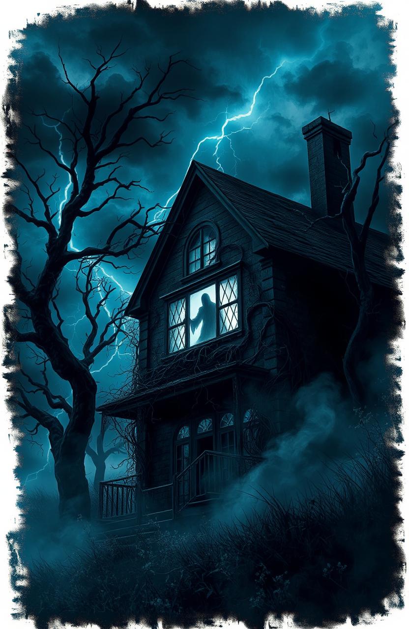 A dark and atmospheric scene depicting a haunted, abandoned house on a stormy night