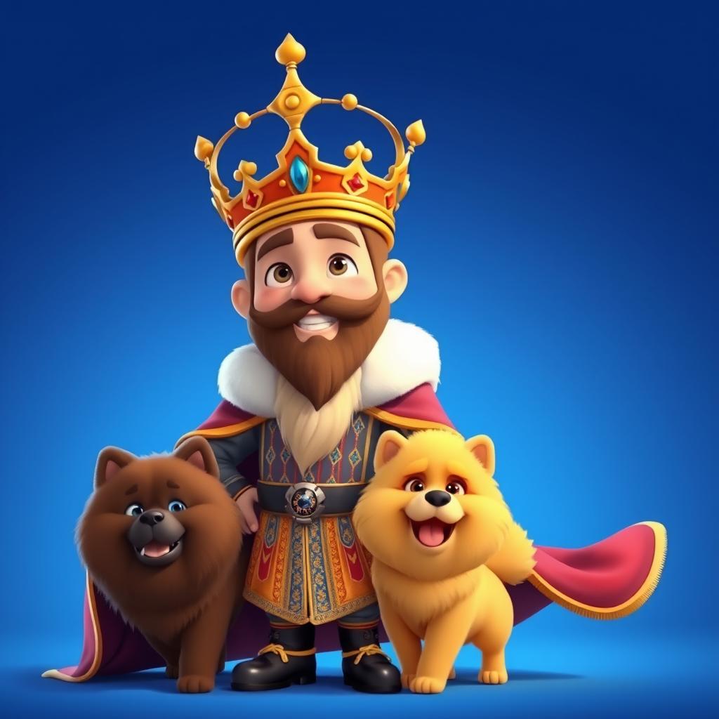 An animated image of a regal king with a majestic golden crown and a flowing royal cape, standing proudly beside a fluffy Chow Chow dog