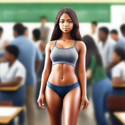 A digital art image of high-quality, showcasing a young woman in a busy classroom environment