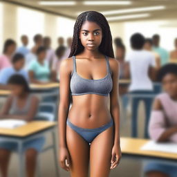 A digital art image of high-quality, showcasing a young woman in a busy classroom environment