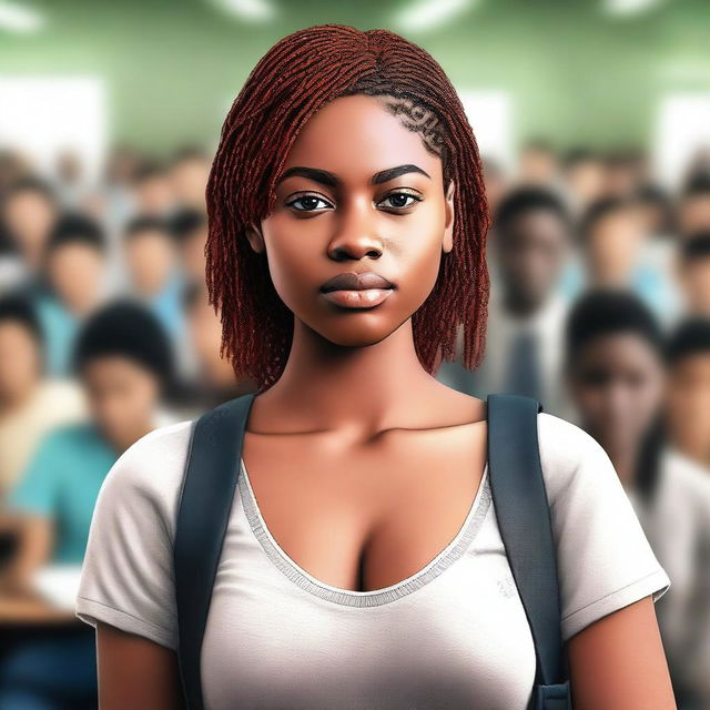 A digital art image of high-quality, showcasing a young woman in a busy classroom environment