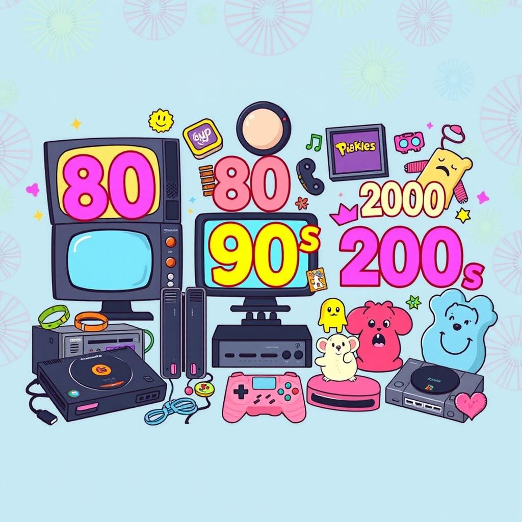 An engaging representation of 80s, 90s, and 2000s fads, featuring iconic TV shows, video games, and cultural elements from each decade