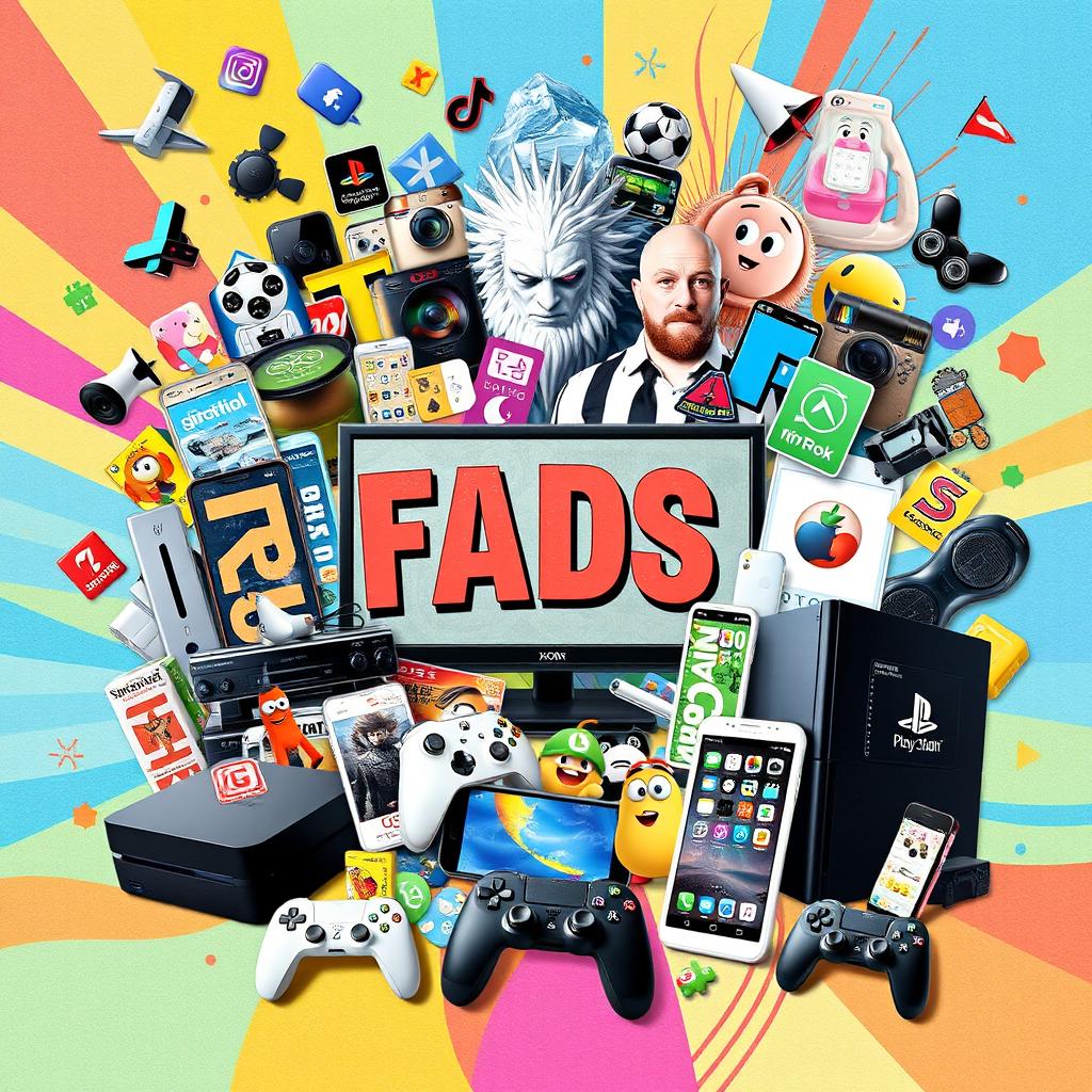A dynamic collage capturing the fads from the last three decades, including video games, TV shows, and viral trends