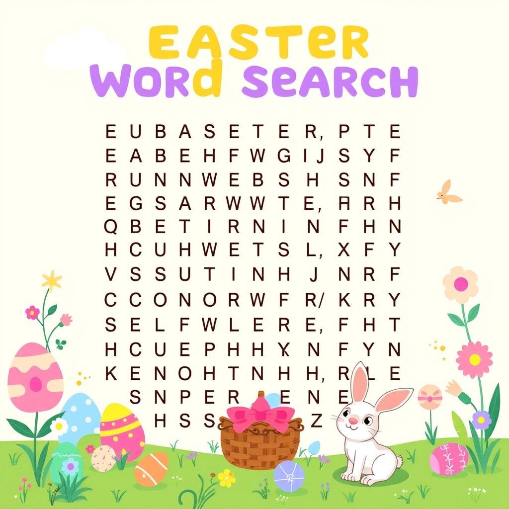 A colorful and festive Easter-themed word search puzzle, featuring hidden words related to Easter, such as "Bunny", "Eggs", "Basket", "Spring", "Chocolate", and "Hatch"