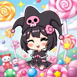 A cute, playful depiction of Kuromi, the Sanrio character, in a vibrant and whimsical setting