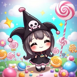 A cute, playful depiction of Kuromi, the Sanrio character, in a vibrant and whimsical setting