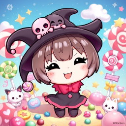 A cute, playful depiction of Kuromi, the Sanrio character, in a vibrant and whimsical setting