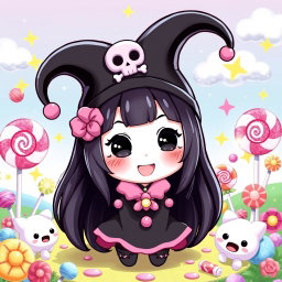 A cute, playful depiction of Kuromi, the Sanrio character, in a vibrant and whimsical setting