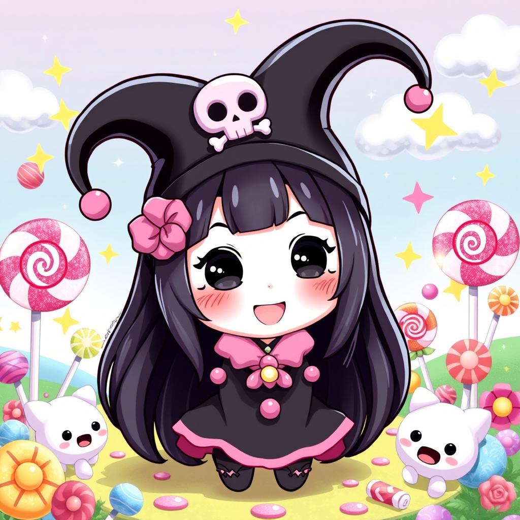 A cute, playful depiction of Kuromi, the Sanrio character, in a vibrant and whimsical setting