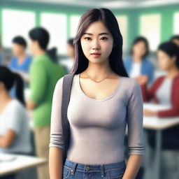 A high-quality digital art image of an Asian college girl, dressed solely in a thong, standing confidently in a busy classroom