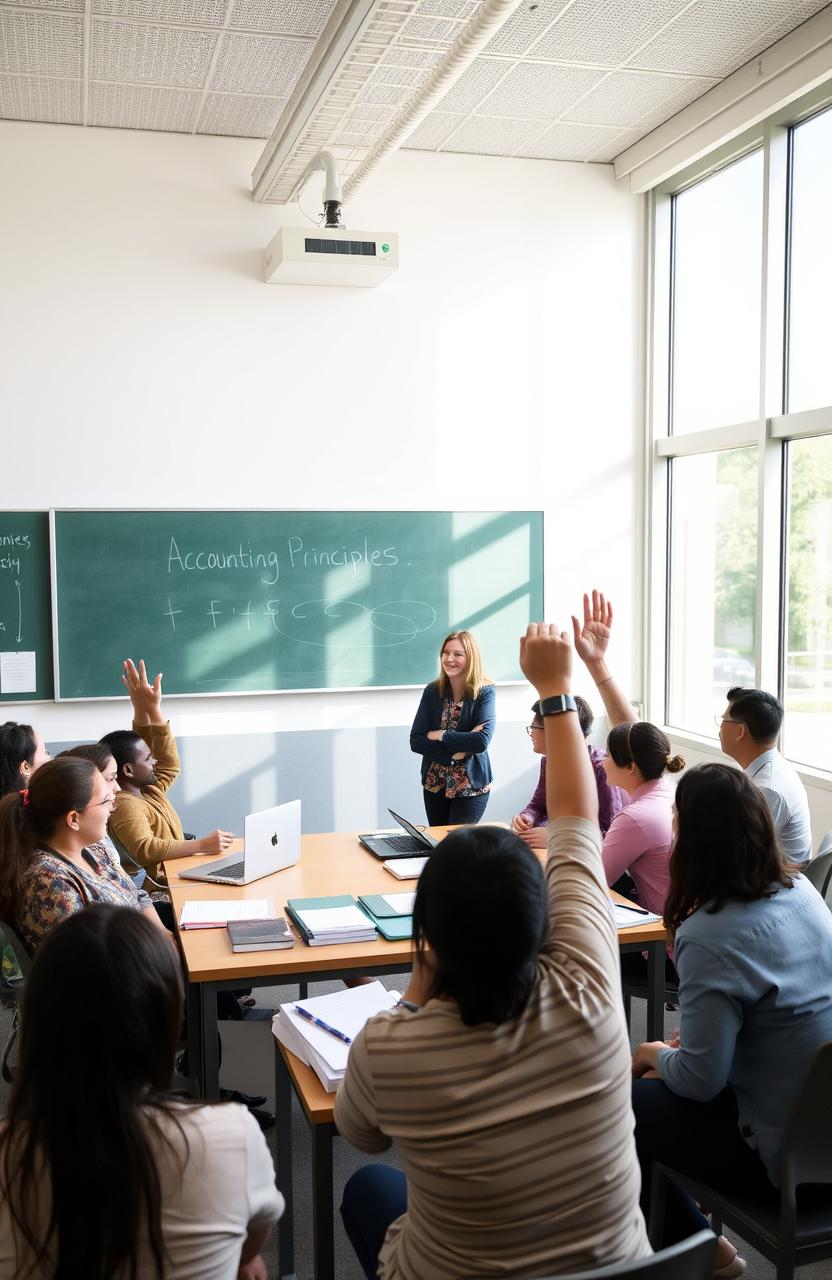 An academic setting featuring a modern classroom with students engaged in a Business Administration and Accounting module at Universidad Técnica de Ambato