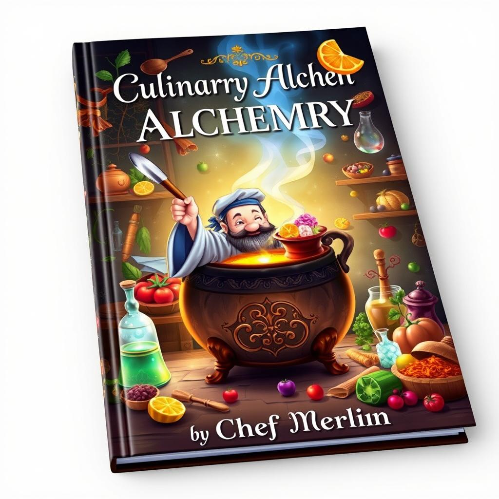 A captivating book cover design for 'Culinary Alchemy by Chef Merlin'