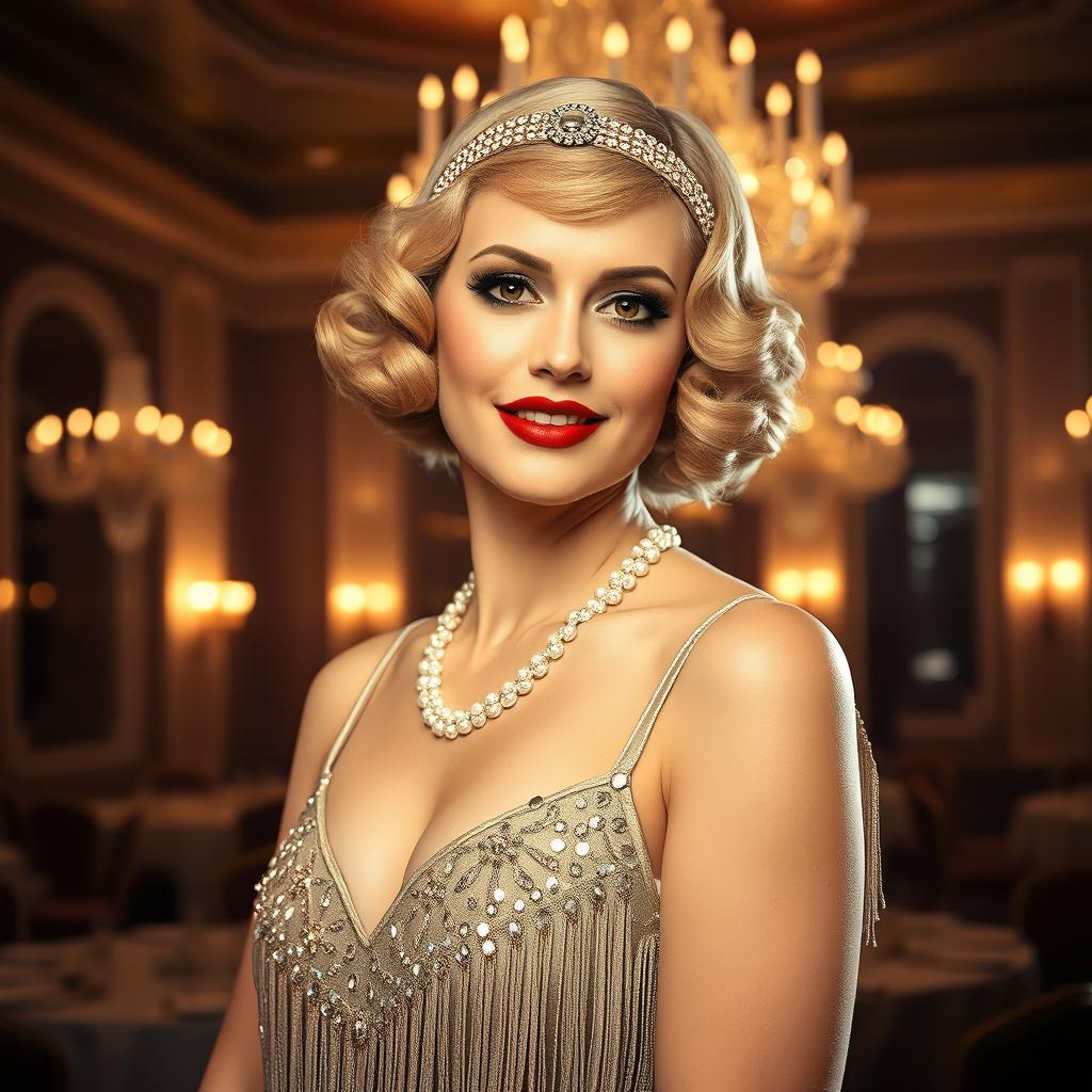A glamorous portrait of Pearl de Vere, showcasing her in an elegant 1920s flapper dress adorned with sequins and fringe