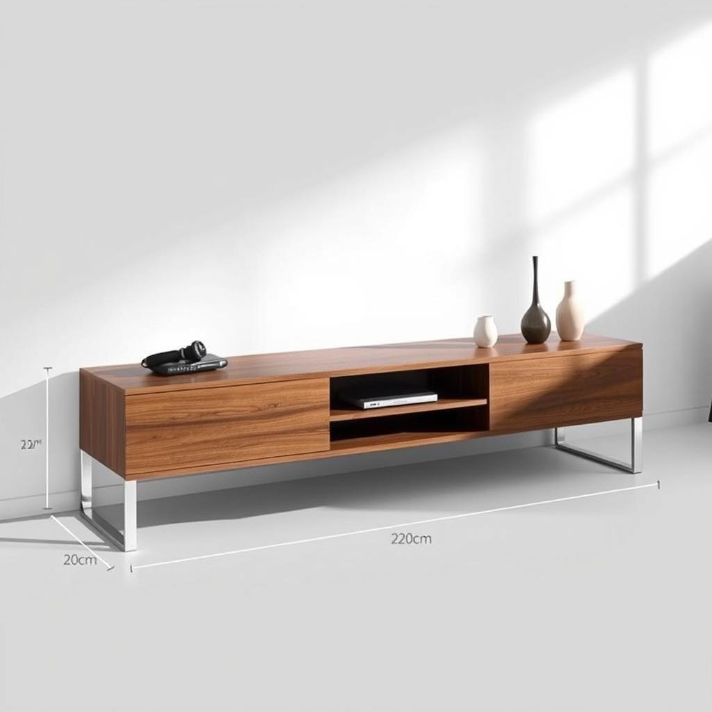 A modern TV stand measuring 240 cm in length and 40 cm in depth, featuring sleek, rectangular metal legs that are 2 inches in size