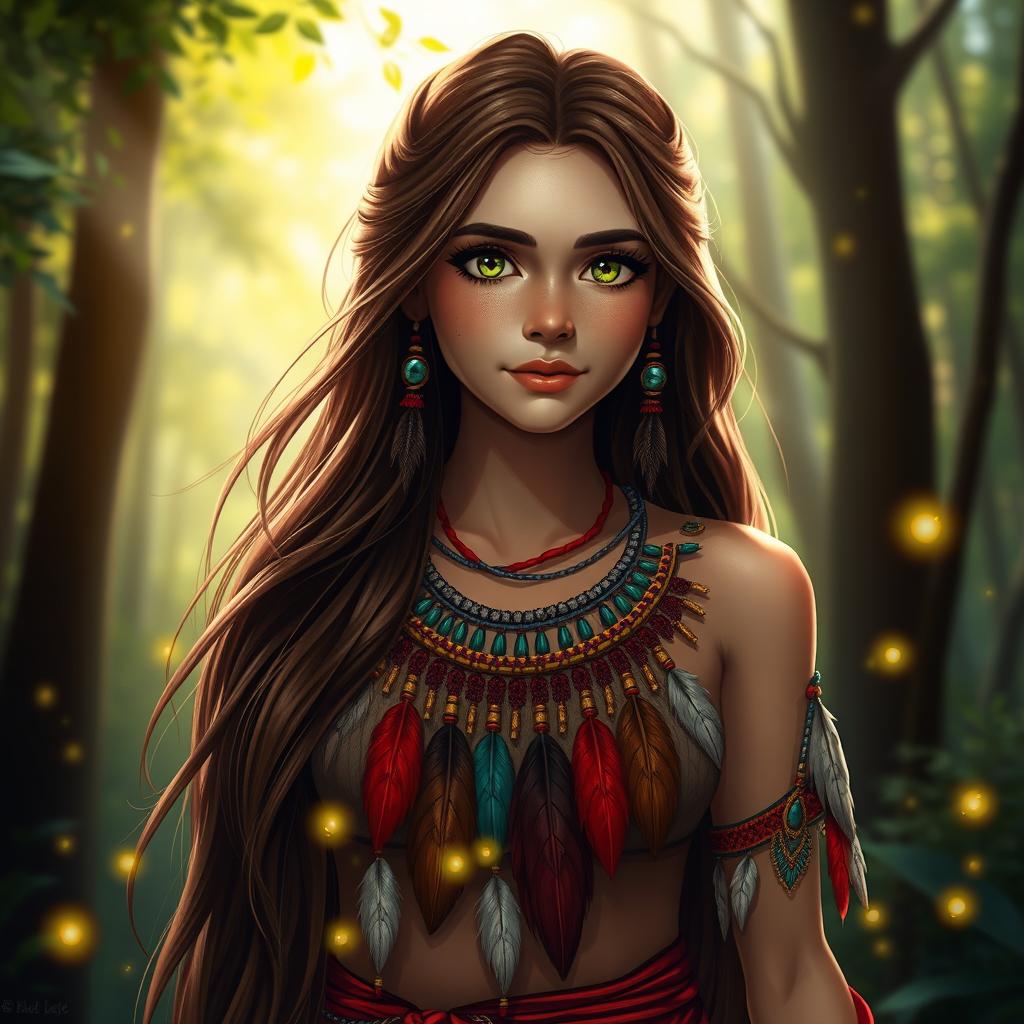 An artistic representation of a young woman named Chel with long, flowing brunette hair and vibrant green eyes