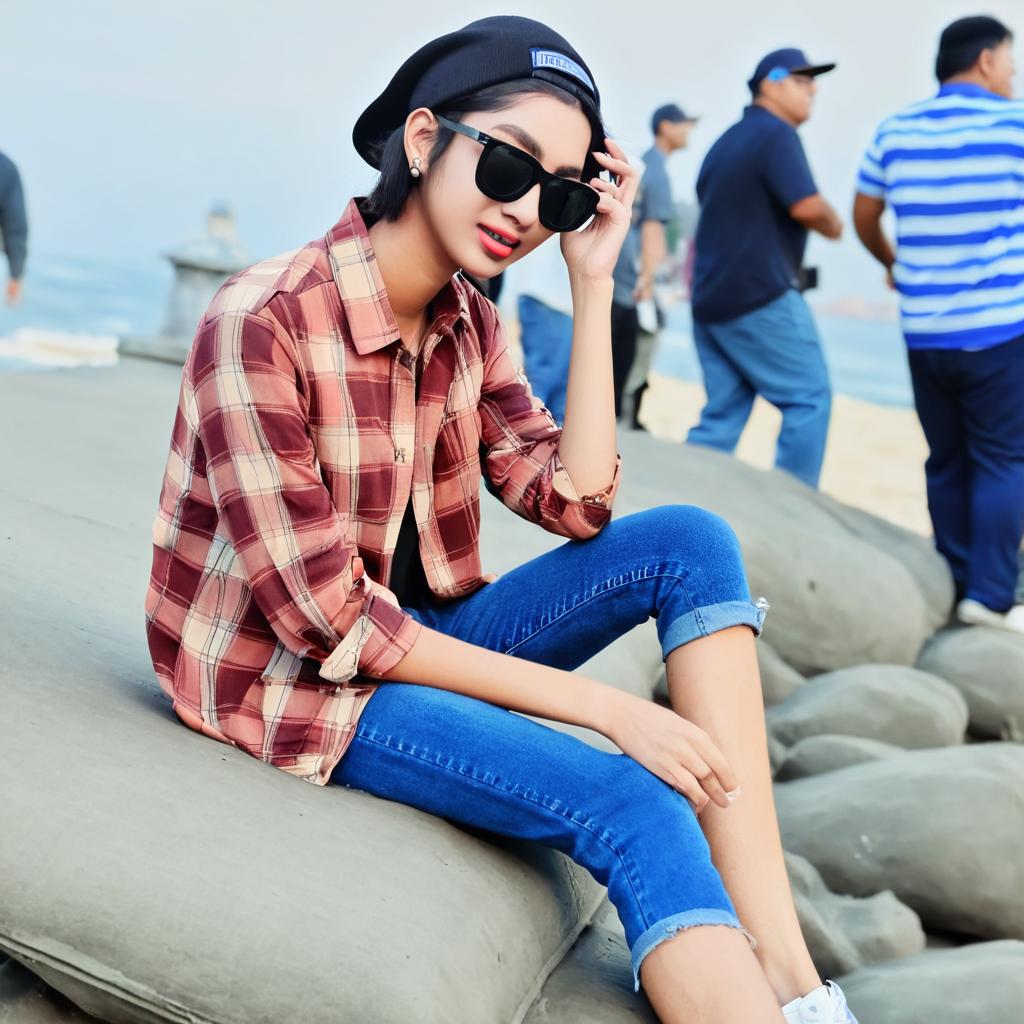 Chill Beach Vibes: Young Woman on the Ledge