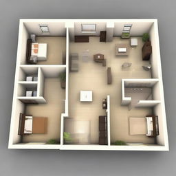 Generate an architectural design for a 1st floor containing 3 rooms, 2 bathrooms, 1 kitchen, 1 large hall, 1 small worship room, and stairs.