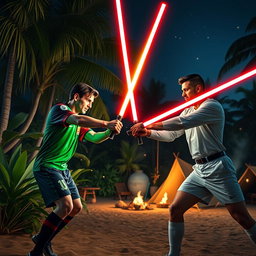 A hyper-realistic YouTube thumbnail featuring Lionel Messi and Cristiano Ronaldo clashing their lightsabers