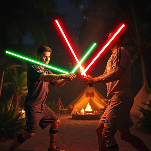 A hyper-realistic YouTube thumbnail featuring Lionel Messi and Cristiano Ronaldo clashing their lightsabers