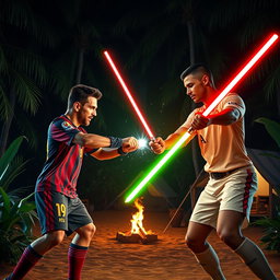 A hyper-realistic YouTube thumbnail featuring Lionel Messi and Cristiano Ronaldo clashing their lightsabers