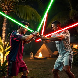 A hyper-realistic YouTube thumbnail featuring Lionel Messi and Cristiano Ronaldo clashing their lightsabers