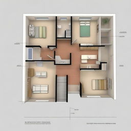 Generate an architectural design for a 1st floor containing 3 rooms, 2 bathrooms, 1 kitchen, 1 large hall, 1 small worship room, and stairs.