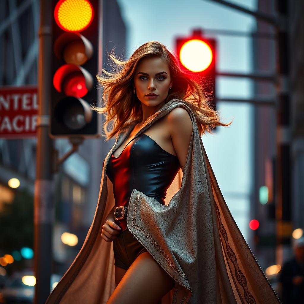 A stunning woman wearing an elegant, flowing super cloak stands confidently in front of a bright red traffic light, exuding a sense of determination and purpose