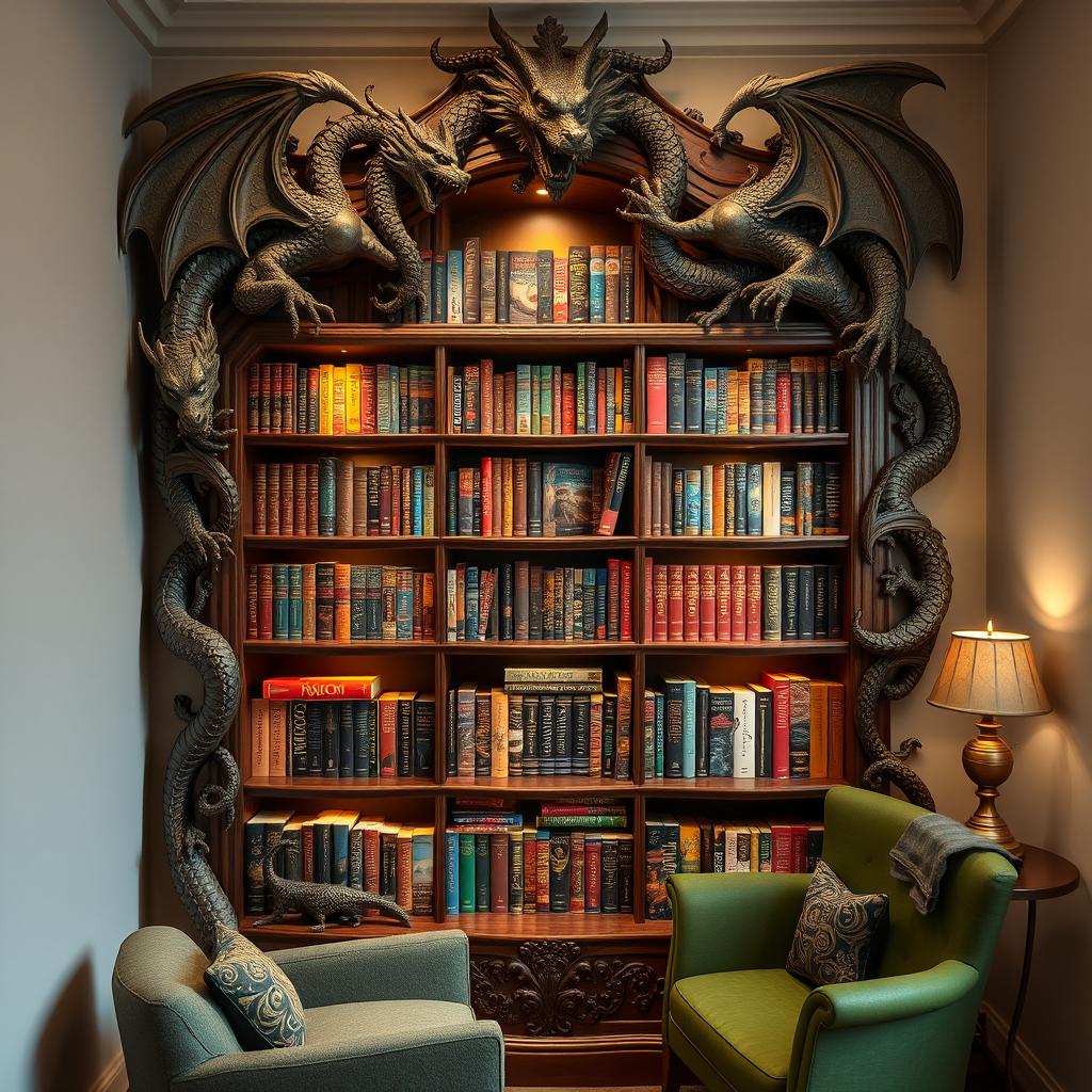 A beautifully designed dragon-inspired bookshelf, featuring intricate dragon sculptures and motifs carved into the wood