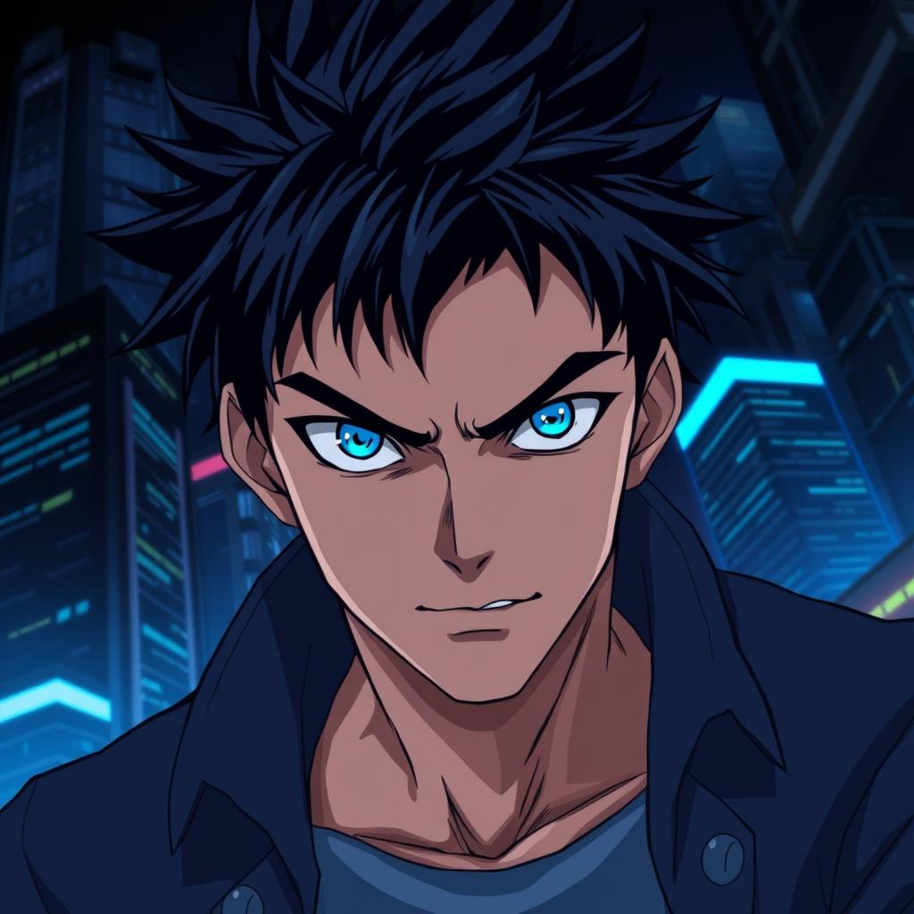 A man with short spiky black hair and striking blue eyes, depicted in a dynamic anime style