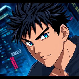 A man with short spiky black hair and striking blue eyes, depicted in a dynamic anime style