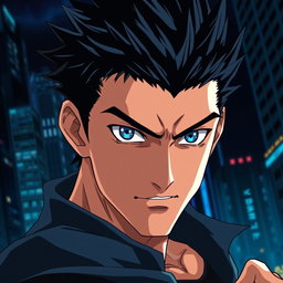 A man with short spiky black hair and striking blue eyes, depicted in a dynamic anime style