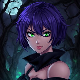 A woman with short, vibrant purple hair and captivating green eyes, illustrated in a striking anime style