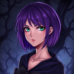 A woman with short, vibrant purple hair and captivating green eyes, illustrated in a striking anime style