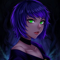 A woman with short, vibrant purple hair and captivating green eyes, illustrated in a striking anime style