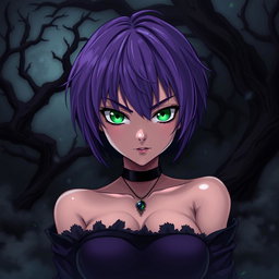 A woman with short, vibrant purple hair and captivating green eyes, illustrated in a striking anime style