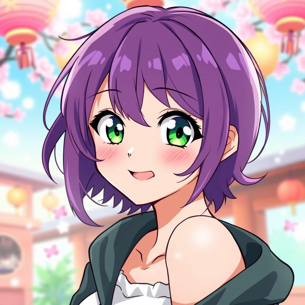 A woman with short, vibrant purple hair and captivating green eyes, illustrated in a lively anime style