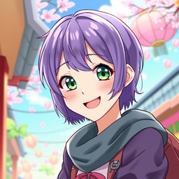 A woman with short, vibrant purple hair and captivating green eyes, illustrated in a lively anime style