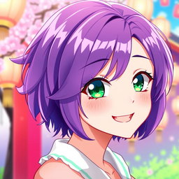 A woman with short, vibrant purple hair and captivating green eyes, illustrated in a lively anime style