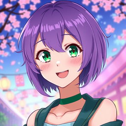 A woman with short, vibrant purple hair and captivating green eyes, illustrated in a lively anime style