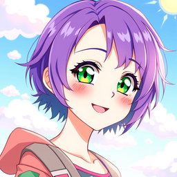 A woman with short, vibrant purple hair and captivating green eyes, illustrated in a charming anime style