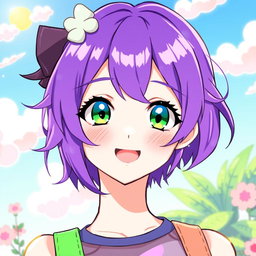 A woman with short, vibrant purple hair and captivating green eyes, illustrated in a charming anime style