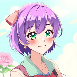 A woman with short, vibrant purple hair and captivating green eyes, illustrated in a charming anime style